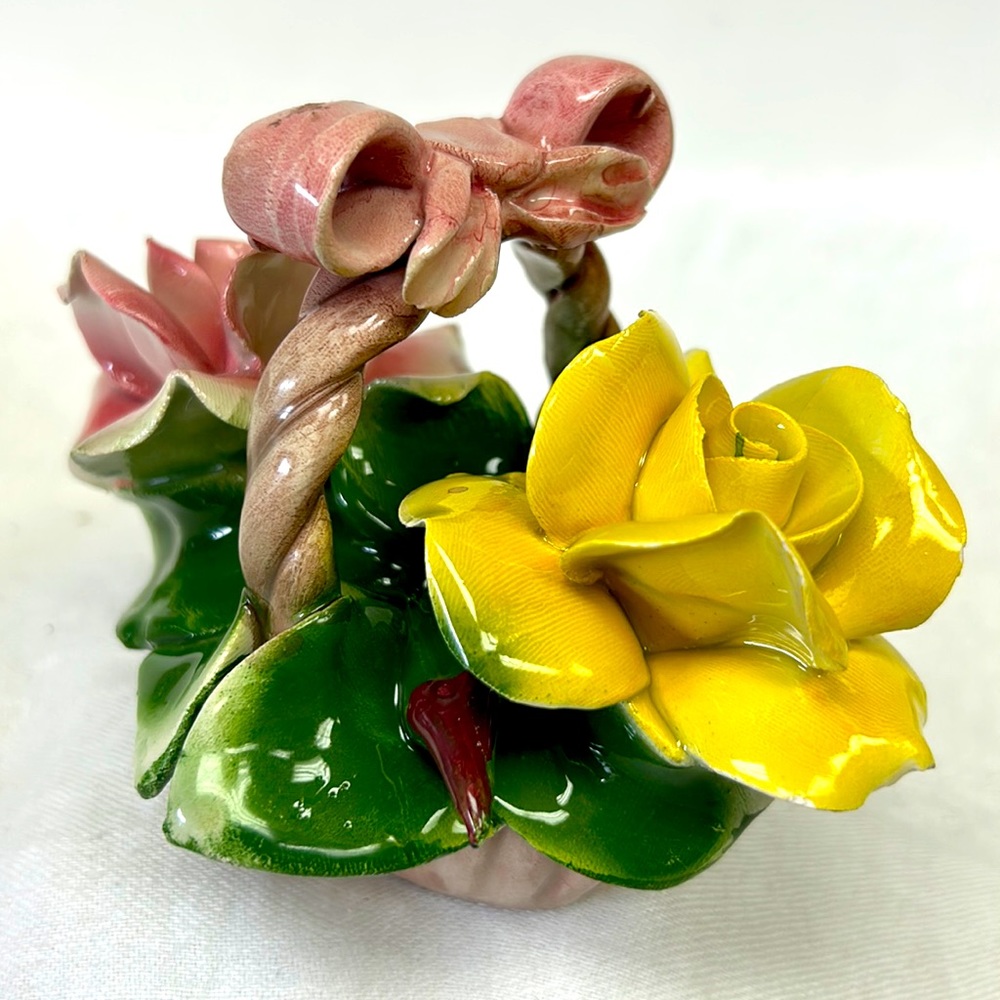 Vintage CAPODIMONTE  handmade  in Italy roses in a flower basket with bow